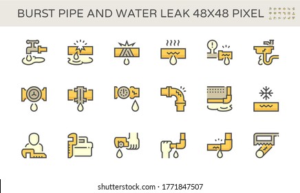 Burst Pipe und Wasser Leck Vektorsymbol Set Design, 48X48 Pixel perfekt und editierbar.