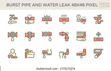 Burst Pipe And Water Leak Or Plumbing Problem And Repair Icon Such As Burst, Leaking, Noise And Frozen At Water Supply Pipe, Faucet, Valve Control, Fitting, Connector, Meter And Underground Location.