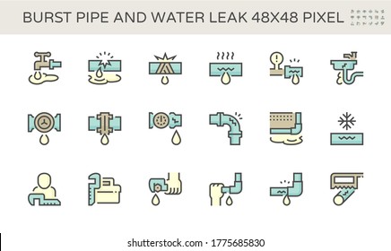 Burst Pipe And Water Leak Or Plumbing Problem And Repair Icon Such As Burst, Leaking, Noise And Frozen At Water Supply Pipe, Faucet, Valve Control, Fitting, Connector, Meter And Underground Location.