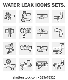 Burst pipe and water leak or plumbing problem and repair work vector icon set design.