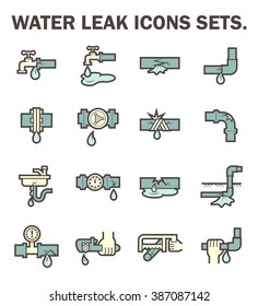 Burst Pipe And Water Leak Or Plumbing Problem And Repair Icon Such As Burst, Leaking, Noise And Frozen At Water Supply Pipe, Faucet, Valve Control, Fitting, Connector, Meter And Underground Location.