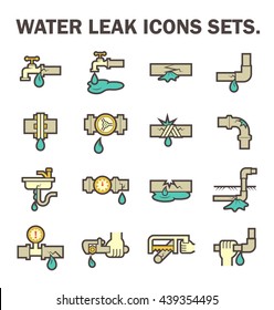 Burst Pipe And Water Leak Or Plumbing Problem And Repair Icon Such As Burst, Leaking, Noise And Frozen At Water Supply Pipe, Faucet, Valve Control, Fitting, Connector, Meter And Underground Location.