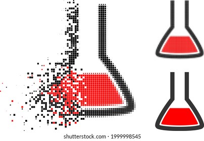 Burst pixelated chemical flask glyph with halftone version. Vector wind effect for chemical flask icon. Pixelated disintegration effect for chemical flask shows motion of cyberspace concepts.