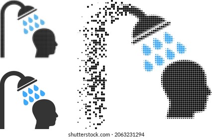 Burst pixelated head shower glyph with halftone version. Vector wind effect for head shower icon. Pixelated dissolution effect for head shower gives motion of cyberspace items.