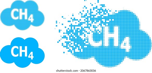Pictograma de nube de metano pixelado con versión de semitono. Efecto de destrucción de vectores para el pictograma de nube de metano. El efecto de creación pixelado para la nube de metano reproduce la velocidad de la materia virtual.