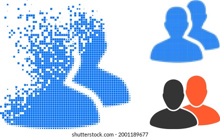 Burst pixelated users pictogram with halftone version. Vector wind effect for users pictogram. Pixelated dissipating effect for users reproduces motion of virtual things.