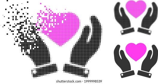 Burst pixelated valentine heart care hands icon with halftone version. Vector destruction effect for valentine heart care hands icon.