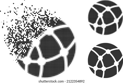 Burst pixelated web sphere icon with halftone version. Vector destruction effect for web sphere icon. Pixelated burst effect for web sphere gives speed of virtual world.