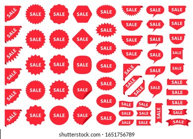 Burst Price Boxes. Sale, New Sticker. Vector.  Discount Promo Stamps. Circle, Corner, Cloud Badges. Red Tag Product Labels. Set Starburst Shapes Isolated On White Background. Flat Illustration. 