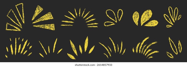 Burst ray big set. Chalk textured kids freehand starburst explosion. Crayon hand drawn scribble shine spark. Pencil decorative emphasis exclamation collection. Sketch vector illustration isolated