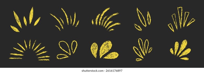 Burst ray big set. Chalk textured kids freehand starburst explosion. Crayon hand drawn scribble shine spark. Pencil decorative emphasis exclamation collection. Sketch vector illustration isolated
