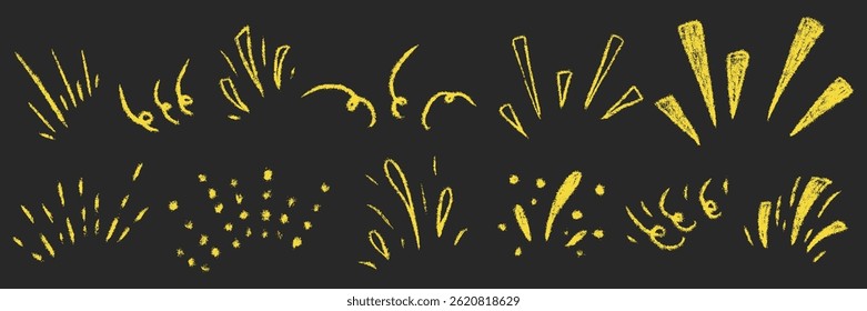 Burst ray big set. Chalk textured kids freehand starburst explosion. Crayon hand drawn scribble shine spark. Pencil decorative emphasis exclamation collection. Sketch vector illustration isolated