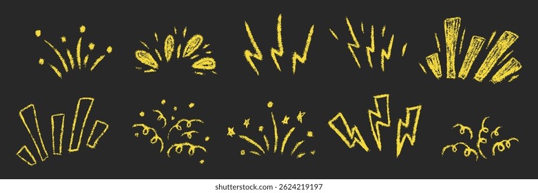 Conjunto grande del rayo de ráfaga. Tiza texturizada niños a mano alzada explosión estelar. Crayón dibujado a mano garabato brillo chispa. Colección de exclamación de énfasis decorativo a lápiz. Ilustración vectorial de esbozo aislada