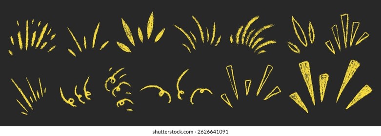 Burst ray big set. Chalk textured kids freehand starburst explosion. Crayon hand drawn scribble shine spark. Pencil decorative emphasis exclamation collection. Sketch vector illustration isolated