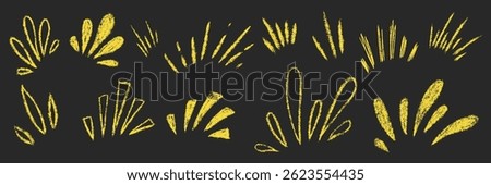 Burst ray big set. Chalk textured kids freehand starburst explosion. Crayon hand drawn scribble shine spark. Pencil decorative emphasis exclamation collection. Sketch vector illustration isolated