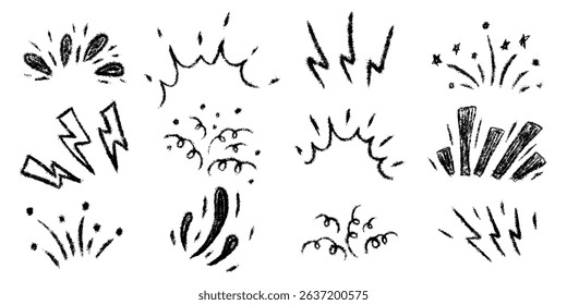 Burst ray confetti set. Chalk textured freehand flash starburst explosion. Crayon hand drawn scribble shine spark firework. Pencil emphasis exclamation collection. Sketch vector illustration isolated.