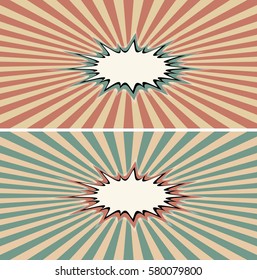 burst rays vintage comic book explosion color, effect speech, comic bubble text. Pop art style. Radial lines background. Explosion vector illustration template