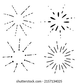 Burst sparkling explosion monochrome scribble doodle art radial isolated on white background. Comic cute art illustration.