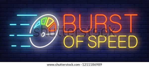 Burst of speed\
neon sign. Multicolored odometer. Speedometer, tachometer, race.\
Night bright advertisement. Vector illustration in neon style for\
transportation, traffic,\
automobiles