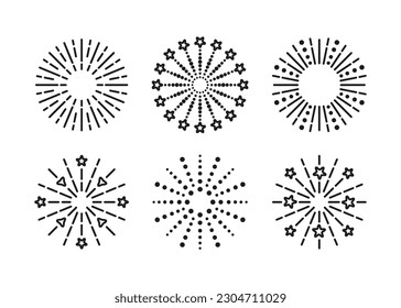 Burst stars, sparks and salute. Firework icon. Linear sparkle explosion set in six items. Happy new year shiny symbol. Vector illustration. Outline birthday party elements.