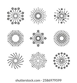 Burst stars, sparks and salute. Firework icon set. Outline birthday party elements isolated on white background. Happy new year shiny symbol. Linear sparkle explosion. Vector illustration.