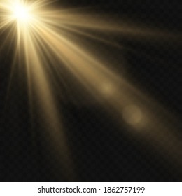 Burst of the sun Shining golden stars isolated on black background. Effects, glare, lines, glitter, explosion, golden light. Vector illustration.