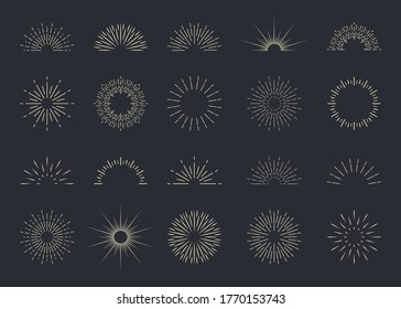 Burst Of Sun. Starburst With Light Ray. Sunburst With Shine Lines, Sunshine. Hipster Logo. Set Of Retro Radial Sparks. Simple Hand Drawn Graphic Icons. Vintage Badge, Label. Abstract Firework. Vector.