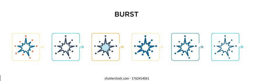 Burst vector icon in 6 different modern styles. Black, two colored burst icons designed in filled, outline, line and stroke style. Vector illustration can be used for web, mobile, ui