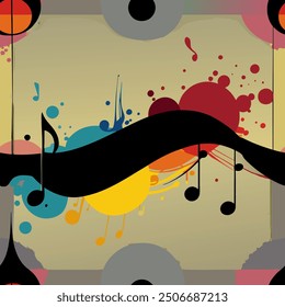 A burst of vibrant colors with splatters and splashes of paint forms the background. Overlaid on this lively backdrop are black music notes, scattered across the canvas, contrasting sharply with