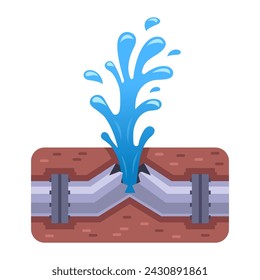 Estallido de tubería de agua desde el subsuelo. ilustración vectorial plana.