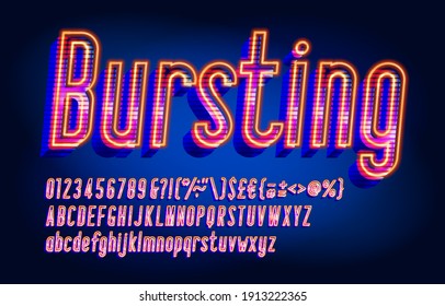 Bursting alphabet font. 3D effect bright letters, numbers and punctuations. Uppercase and lowercase. Retro-futuristic vector typescript for your typography design.