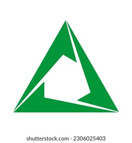 Bursting arrow halves, green recycle icon. A triangular symbol made from sliced arrows. Isolated on a white background.