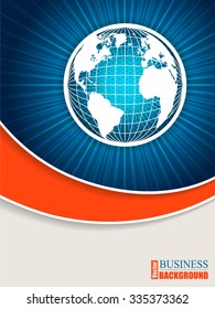 Bursting blue globe brochure design with orange wave