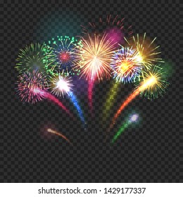 Bursting fireworks festive background with brightly shining sparks. Realistic fireworks explosions vector illustration on transparent background. Beautiful colorful light performance object.
