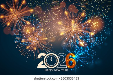 Bursting fireworks light up the night sky, celebrating the arrival of New Year 2026 with bright colors and festive spirit. The atmosphere is filled with excitement and joy.