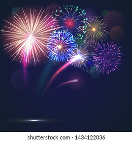 Bursting fireworks template with copyspace against black background. Colorful pyrotechnics show. Realistic fireworks show vector illustration. Celebrating New Year, Bithday or Anniversary