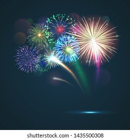 Bursting fireworks template with copyspace against black background. Colorful pyrotechnics show. Realistic fireworks show vector illustration. Celebrating New Year or The Fourth of July Indepence day