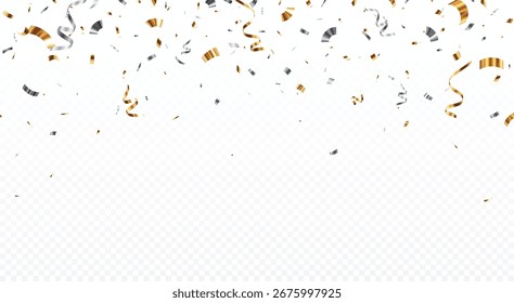 Explosión de oro y confeti de plata, fondos de cinta que caen