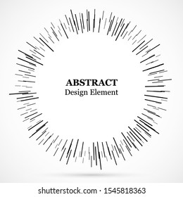 Bursting lines.Set of circular rays.Assymetric radial elements.Linear drawing.Vector illustration pattern.Monochrome explosion background.