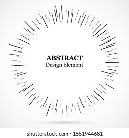 Bursting lines.Set of circular rays.Assymetric radial elements.Linear drawing.Vector illustration pattern.Monochrome explosion background.