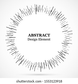 Bursting lines.Set of circular rays.Assymetric radial elements.Linear drawing.Vector illustration pattern.Monochrome explosion background.