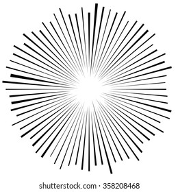 Bursting, radiating lines. Converging, pointed abstract element. Vector