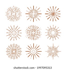 Bursting rays sunrise firework starburst burst for logotype, emblem, logo, tag, stamp, banner. Set of vintage hand drawn sunburst rays design elements, explosion black rays. Vector illustration.