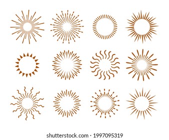 Bursting rays sunrise firework starburst burst for logotype, emblem, logo, tag, stamp, banner. Set of vintage hand drawn sunburst rays design elements, explosion black rays. Vector illustration.