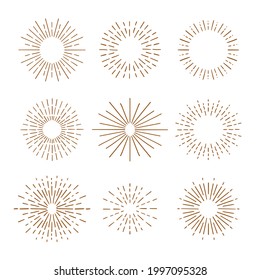 Bursting rays sunrise firework starburst burst for logotype, emblem, logo, tag, stamp, banner. Set of vintage hand drawn sunburst rays design elements, explosion black rays. Vector illustration.