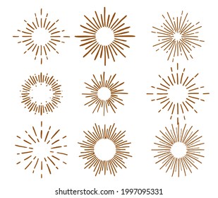 Bursting rays sunrise firework starburst burst for logotype, emblem, logo, tag, stamp, banner. Set of vintage hand drawn sunburst rays design elements, explosion black rays. Vector illustration.
