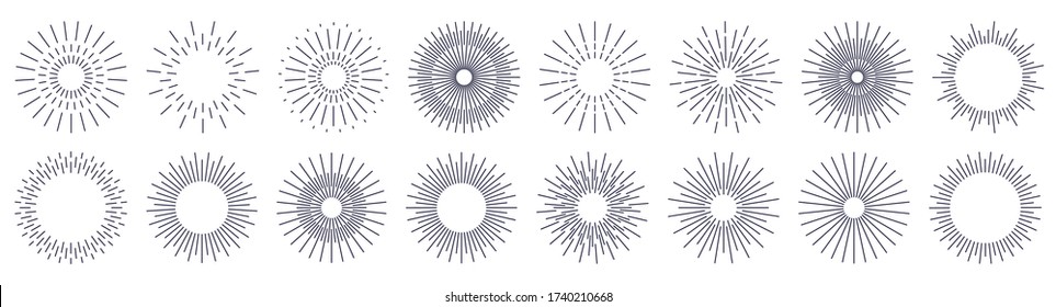 Bursting Rays Sunrise Firework Sunburst Burst For Logotype, Emblem, Logo, Tag, Stamp, Banner. Set Of Vintage Hand Drawn Sunburst Rays Design Elements, Explosion Black Rays. Vector Illustration.