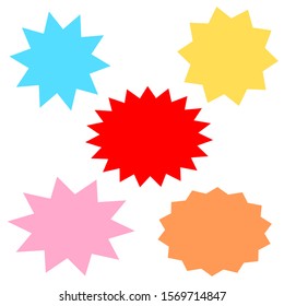 bursting shape speech bubbles set; starburst and sunburst cartoon with different color isolated on white background. vector illustration