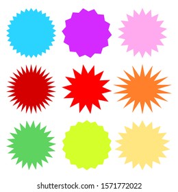 bursting shape speech bubbles set; starburst and sunburst cartoon with different color isolated on white background. vector illustration