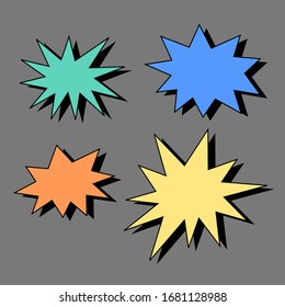 bursting shape speech bubbles set. starburst and sunburst cartoon with different color isolated on grey background. vector illustration